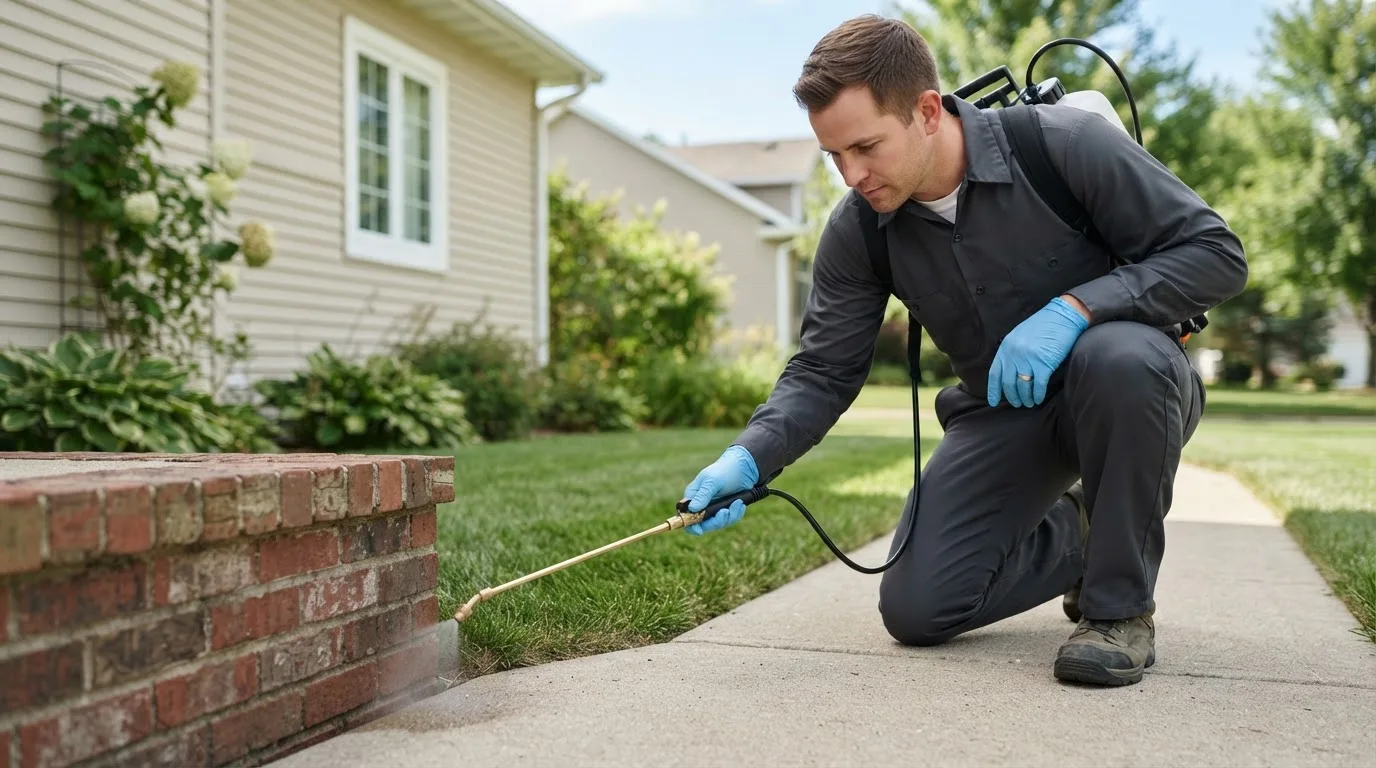 Pest control technician treating a home near Bettsville, OH