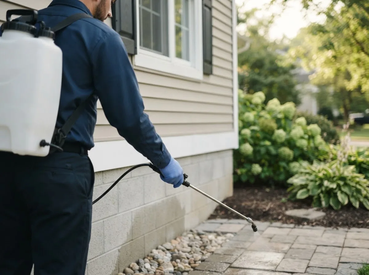 Pest control technician inspecting a home in Bettsville, OH